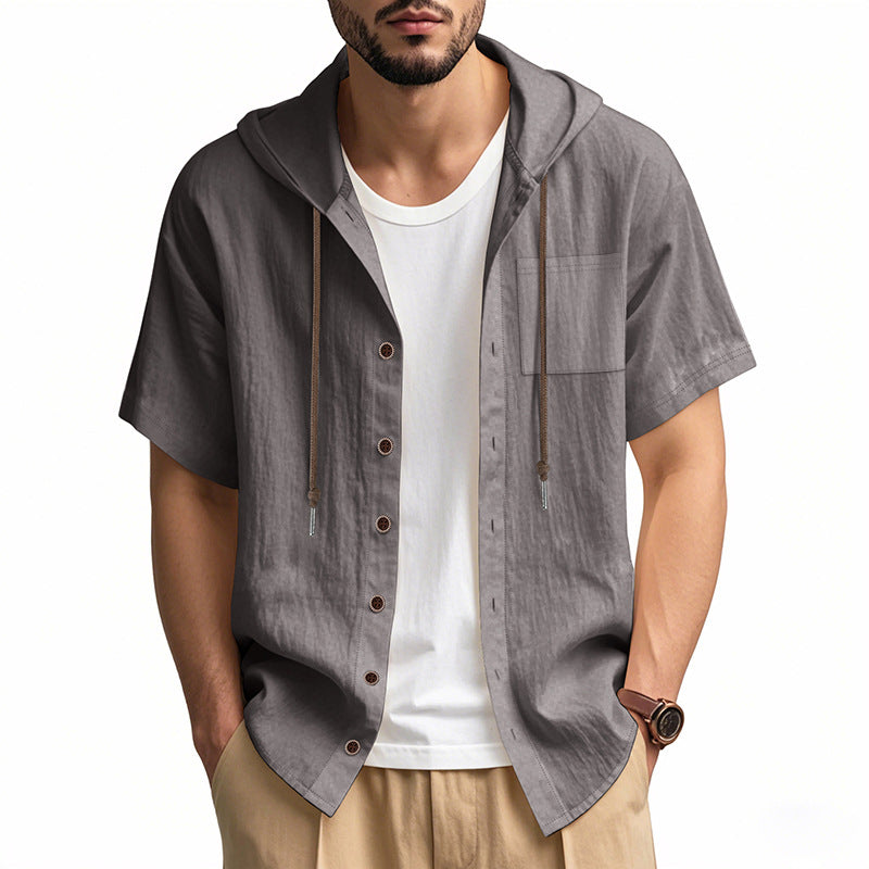 Men's Linen Blend Hooded Shirt - Relaxed Fit Short Sleeve Casual Top Grey