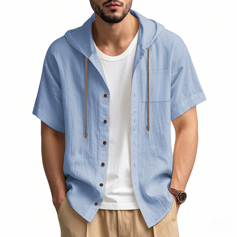 Men's Linen Blend Hooded Shirt - Relaxed Fit Short Sleeve Casual Top Light Blue