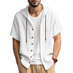 Men's Linen Blend Hooded Shirt - Relaxed Fit Short Sleeve Casual Top White