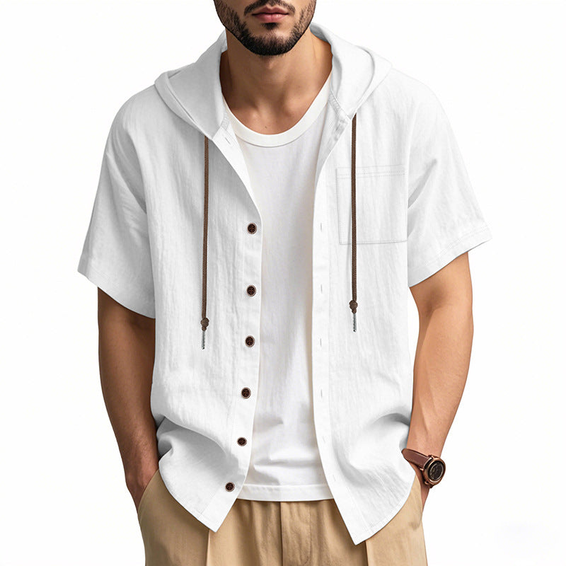 Men's Linen Blend Hooded Shirt - Relaxed Fit Short Sleeve Casual Top White