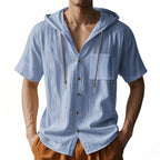 Men's Linen Blend Hooded Shirt - Relaxed Fit Short Sleeve Casual Top