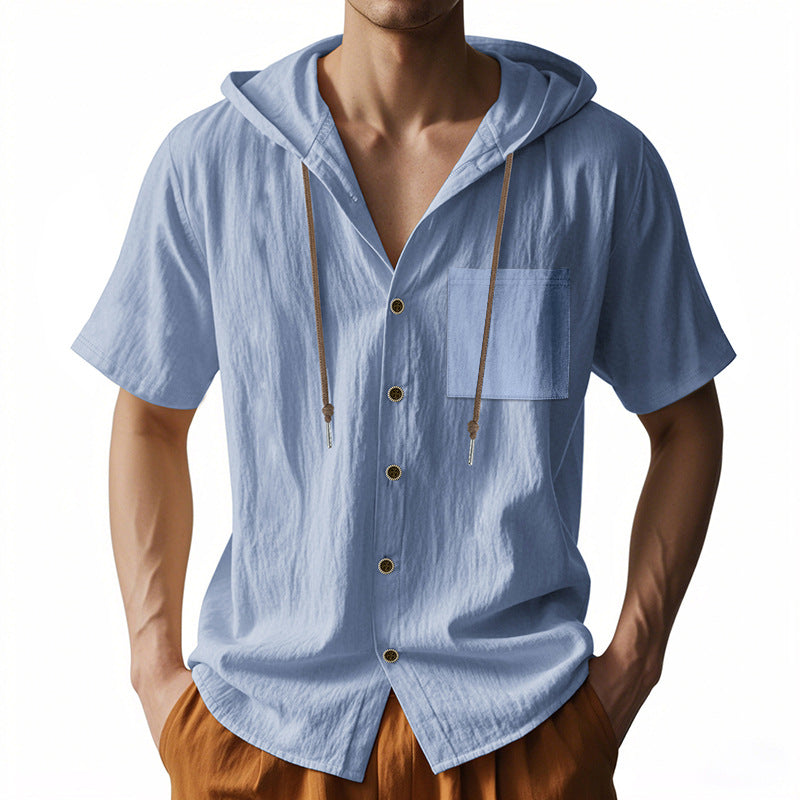 Men's Linen Blend Hooded Shirt - Relaxed Fit Short Sleeve Casual Top