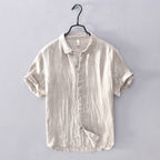 Men's Linen Blend Short-Sleeve Button-Up Shirt - Relaxed Fit, Breathable Casual for Summer Beige