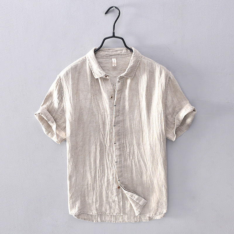 Men's Linen Blend Short-Sleeve Button-Up Shirt - Relaxed Fit, Breathable Casual for Summer Beige