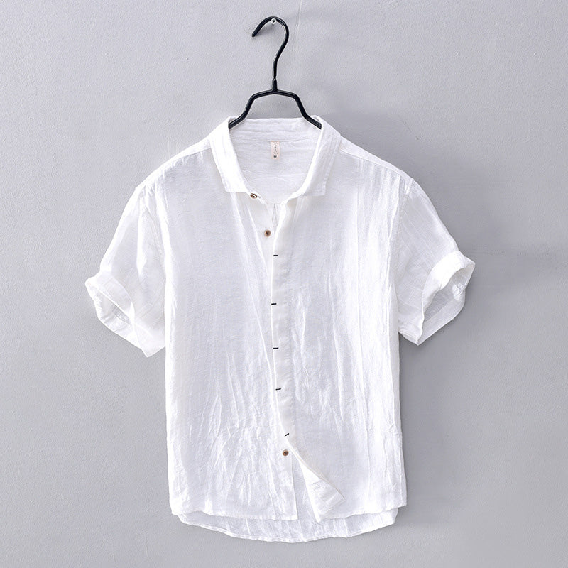 Men's Linen Blend Short-Sleeve Button-Up Shirt - Relaxed Fit, Breathable Casual for Summer White