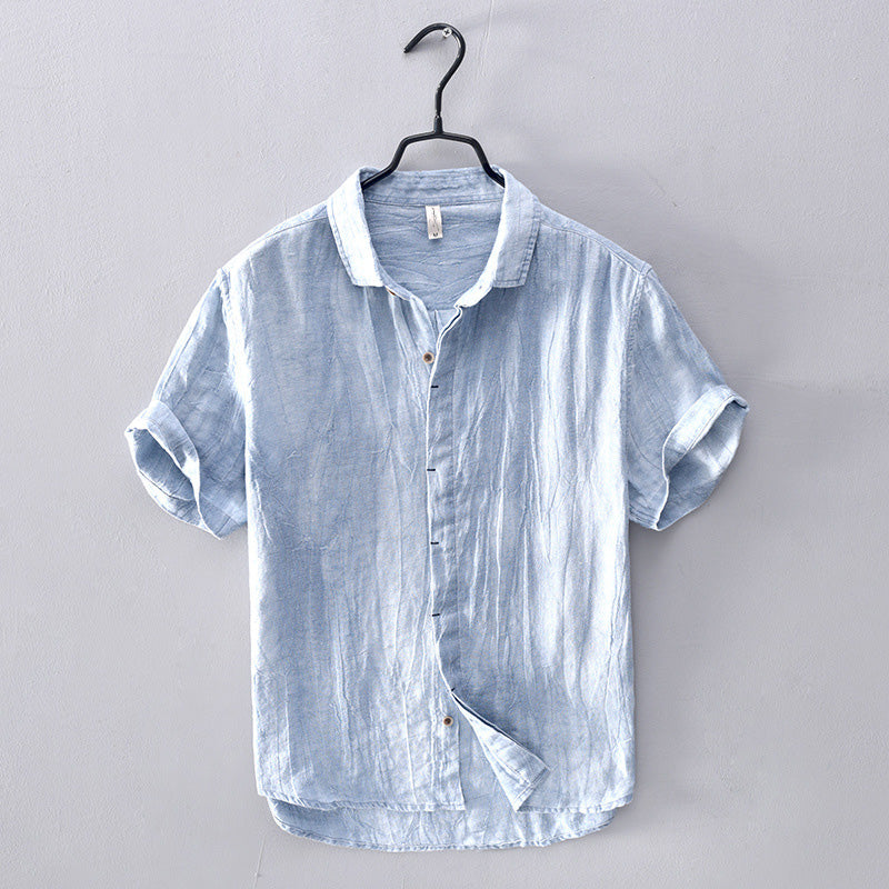 Men's Linen Blend Short-Sleeve Button-Up Shirt - Relaxed Fit, Breathable Casual for Summer Blue