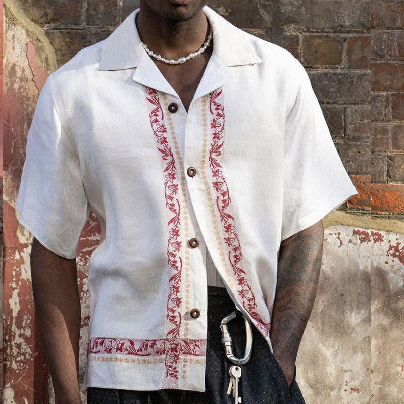Men's Linen Blend Short Sleeve Shirt - Relaxed Fit, Embroidered Casual | White XXL