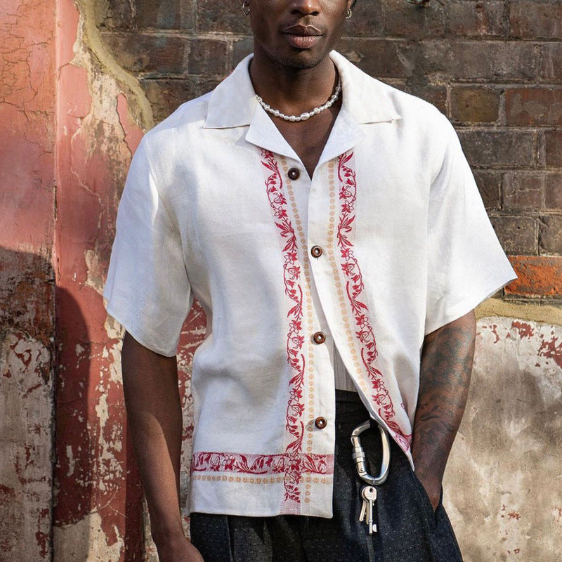 Men's Linen Blend Short Sleeve Shirt - Relaxed Fit, Embroidered Casual | White