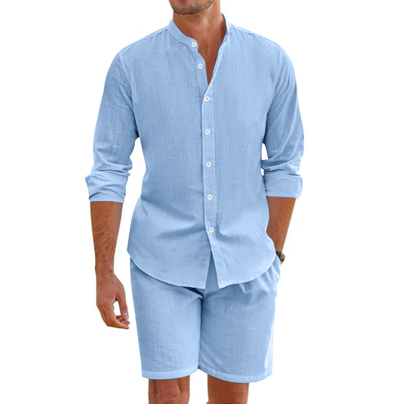 Men's Linen Blend Two-Piece Set – Relaxed Fit Button-Up Shirt & Shorts Light Blue