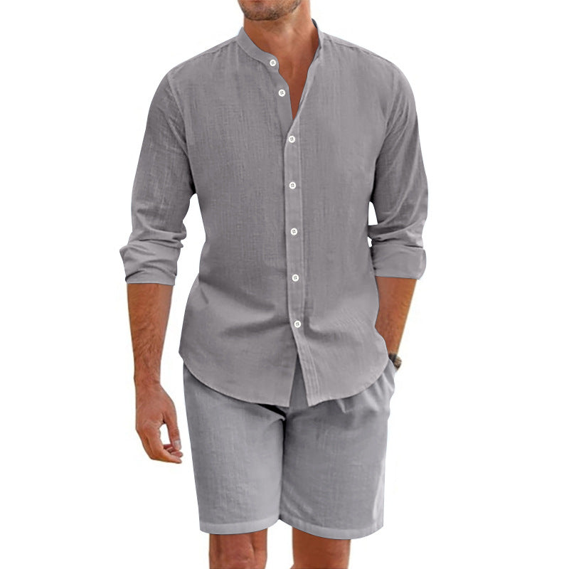 Men's Linen Blend Two-Piece Set – Relaxed Fit Button-Up Shirt & Shorts Grey
