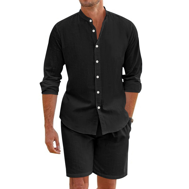 Men's Linen Blend Two-Piece Set – Relaxed Fit Button-Up Shirt & Shorts Black
