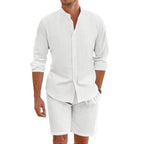Men's Linen Blend Two-Piece Set – Relaxed Fit Button-Up Shirt & Shorts White