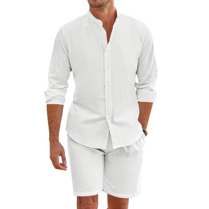 Men's Linen Blend Two-Piece Set – Relaxed Fit Button-Up Shirt & Shorts White