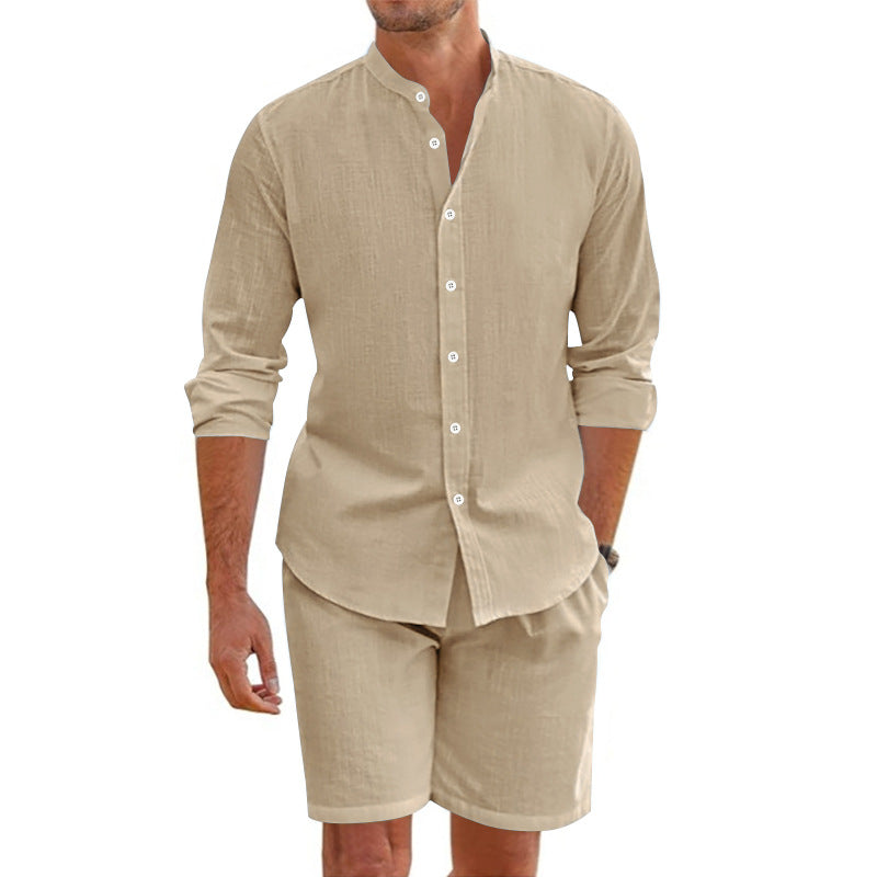 Men's Linen Blend Two-Piece Set – Relaxed Fit Button-Up Shirt & Shorts Khaki