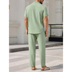Men’s Linen Blend Two-Piece Set – Relaxed Fit V-Neck Shirt & Trousers Casual Summer Style