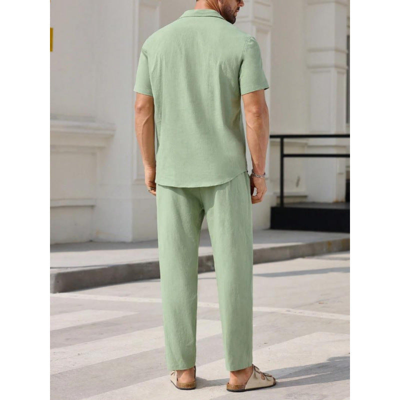 Men’s Linen Blend Two-Piece Set – Relaxed Fit V-Neck Shirt & Trousers Casual Summer Style