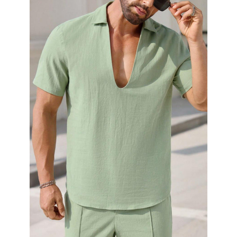 Men’s Linen Blend Two-Piece Set – Relaxed Fit V-Neck Shirt & Trousers Casual Summer Style