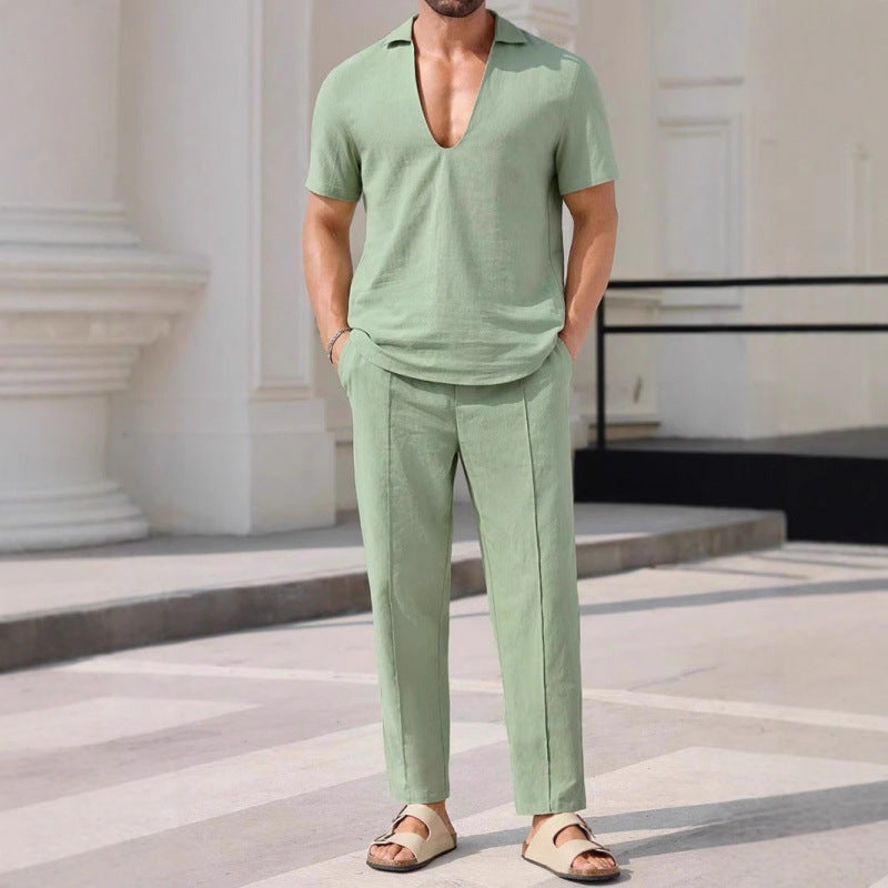 Men’s Linen Blend Two-Piece Set – Relaxed Fit V-Neck Shirt & Trousers Casual Summer Style