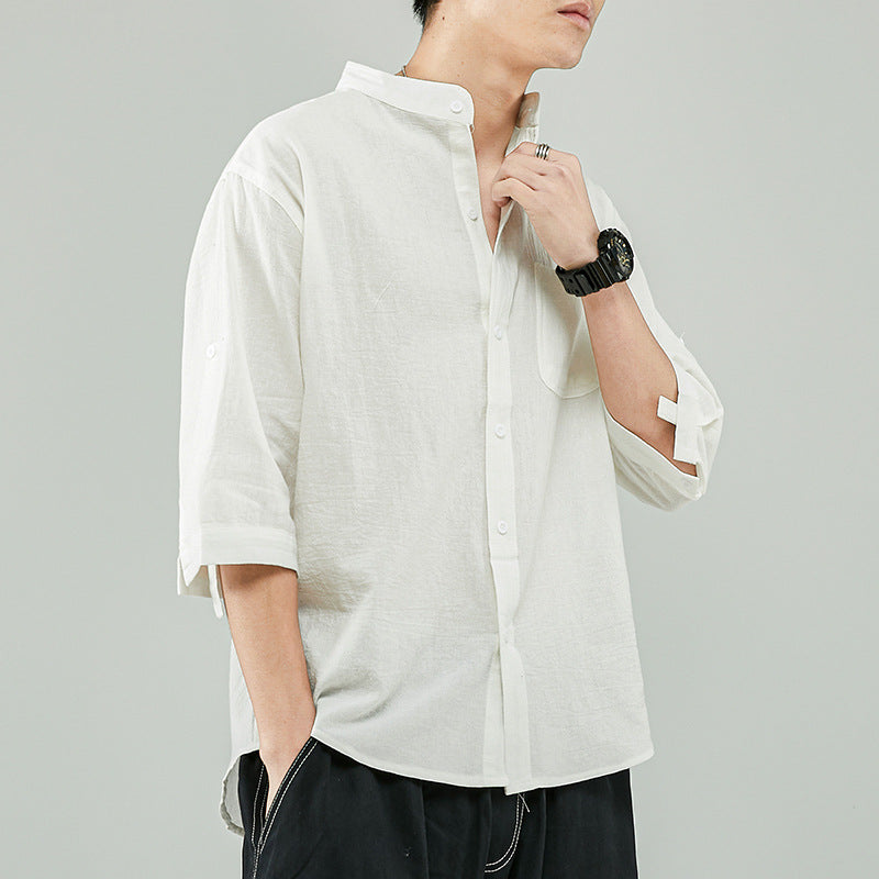 Men's Linen Cotton Blend Shirt - Relaxed Fit, Band Collar, 7/8 Sleeve Casual for Summer White