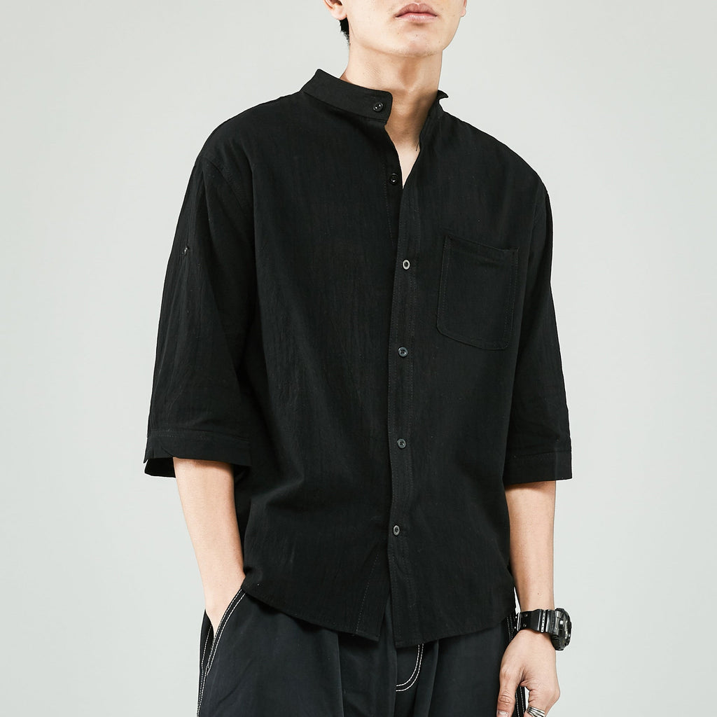 Men's Linen Cotton Blend Shirt - Relaxed Fit, Band Collar, 7/8 Sleeve Casual for Summer Black