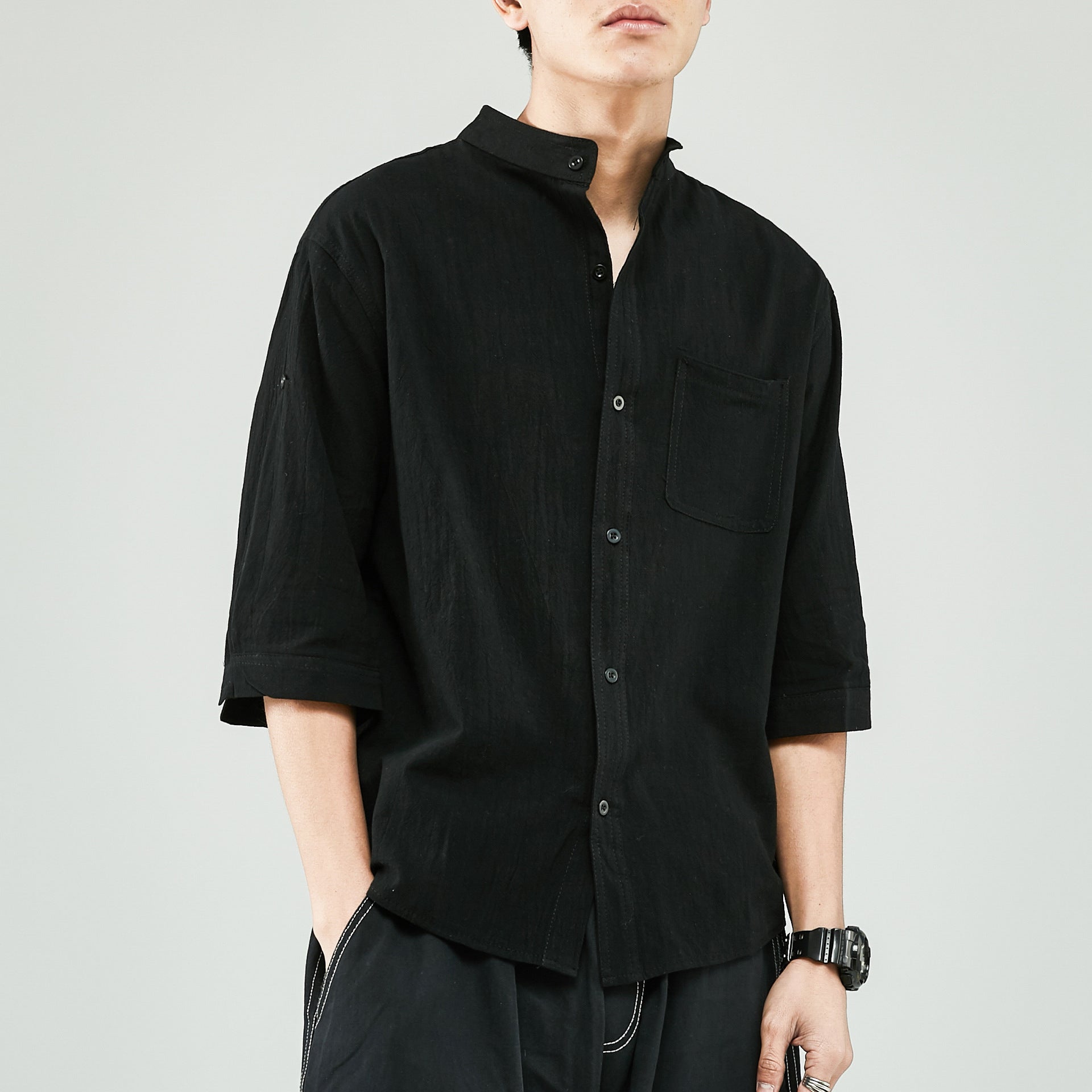 Men's Linen Cotton Blend Shirt - Relaxed Fit, Band Collar, 7/8 Sleeve Casual for Summer Black