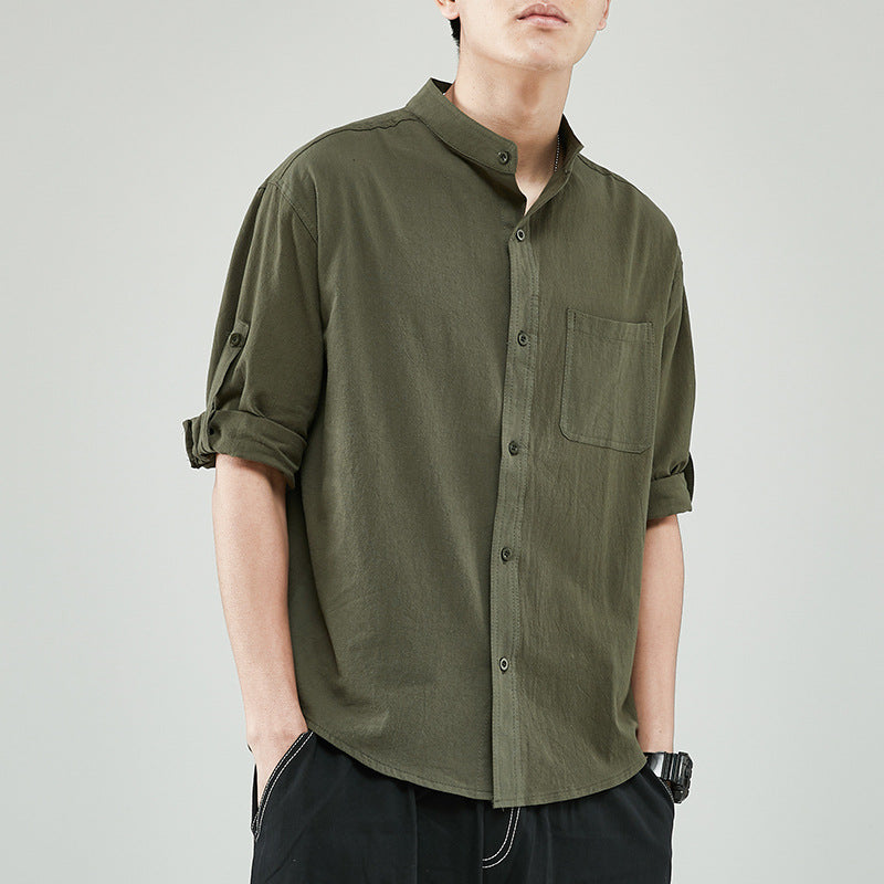 Men's Linen Cotton Blend Shirt - Relaxed Fit, Band Collar, 7/8 Sleeve Casual for Summer Green