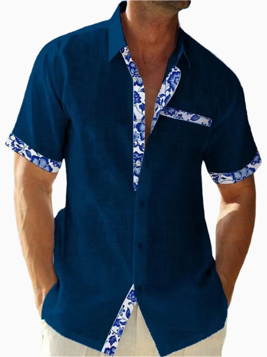 Men's Linen Short-Sleeve Button-Up Shirt - Casual Fit with Floral Trim Dark Blue
