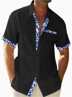 Men's Linen Short-Sleeve Button-Up Shirt - Casual Fit with Floral Trim Black
