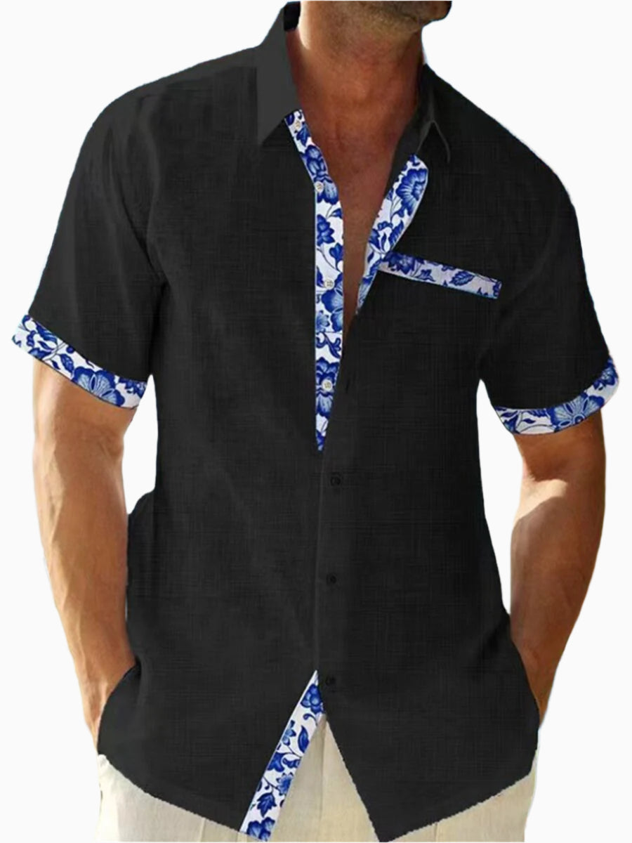 Men's Linen Short-Sleeve Button-Up Shirt - Casual Fit with Floral Trim Black