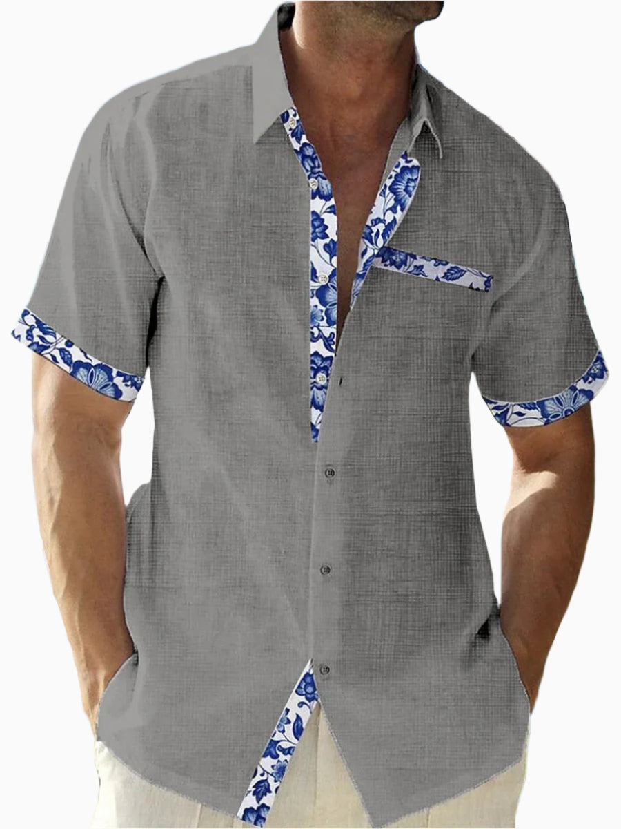 Men's Linen Short-Sleeve Button-Up Shirt - Casual Fit with Floral Trim Grey