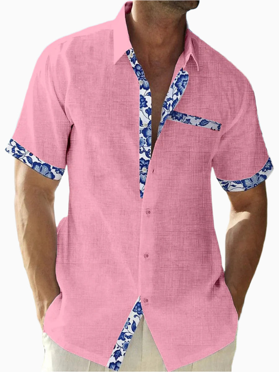 Men's Linen Short-Sleeve Button-Up Shirt - Casual Fit with Floral Trim Pink