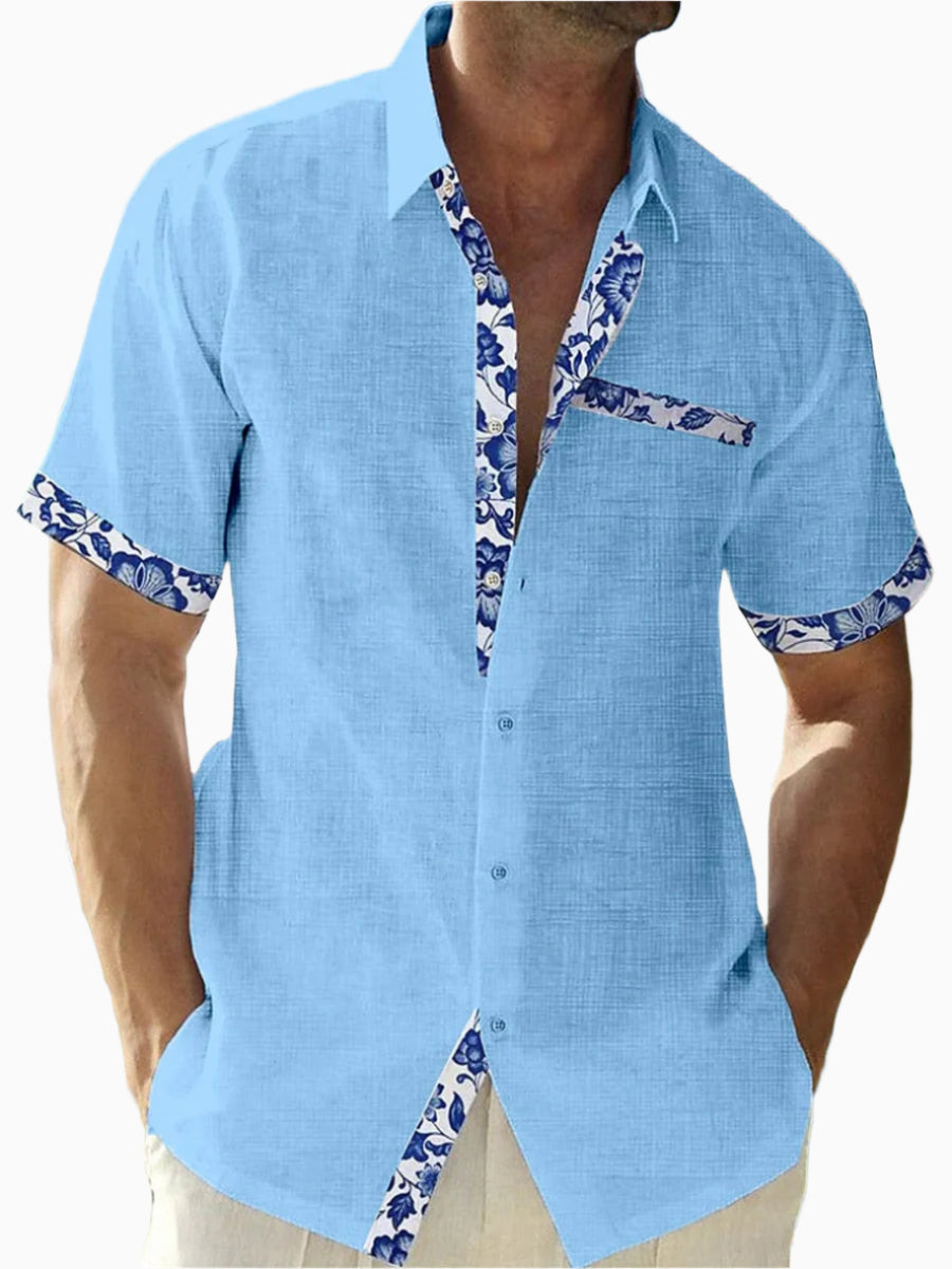 Men's Linen Short-Sleeve Button-Up Shirt - Casual Fit with Floral Trim Light Blue