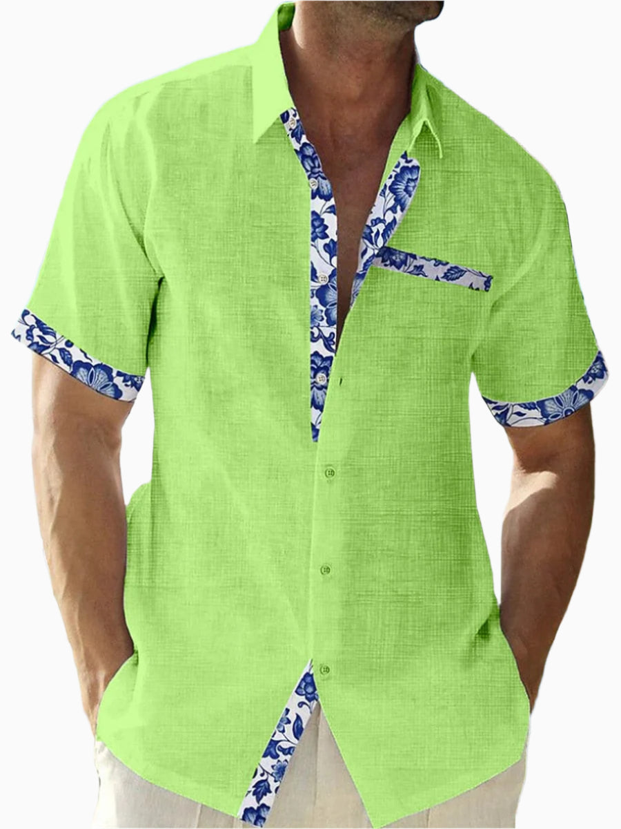 Men's Linen Short-Sleeve Button-Up Shirt - Casual Fit with Floral Trim Green