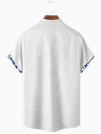 Men's Linen Short-Sleeve Button-Up Shirt - Casual Fit with Floral Trim