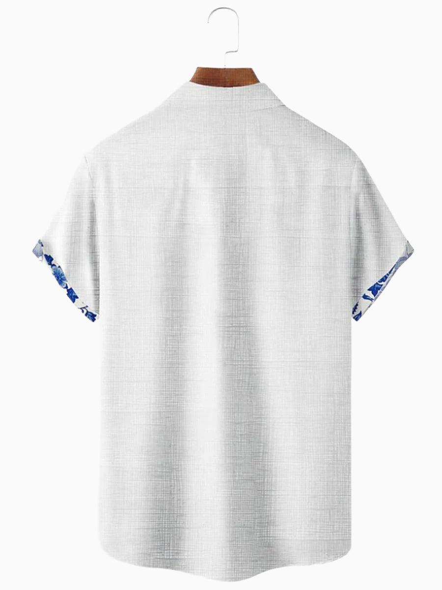 Men's Linen Short-Sleeve Button-Up Shirt - Casual Fit with Floral Trim
