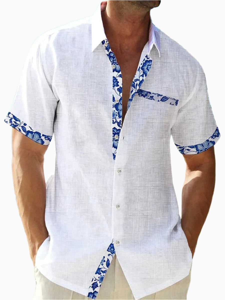 Men's Linen Short-Sleeve Button-Up Shirt - Casual Fit with Floral Trim White