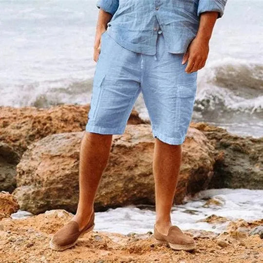 Men's Linen Shorts - Lightweight, Breathable, Relaxed Fit, Knee-Length Casual Blue