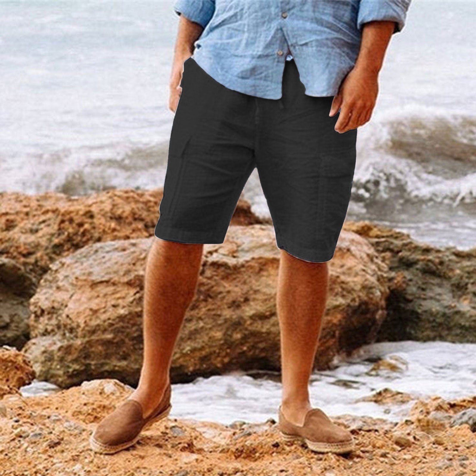 Men's Linen Shorts - Lightweight, Breathable, Relaxed Fit, Knee-Length Casual Black