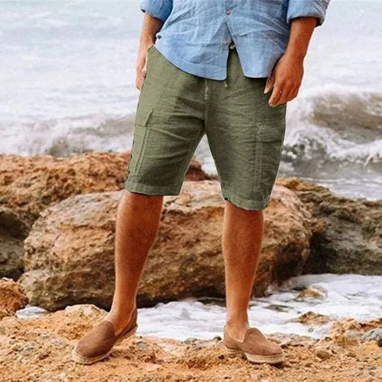 Men's Linen Shorts - Lightweight, Breathable, Relaxed Fit, Knee-Length Casual Green