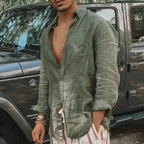 Men's Long Sleeve Linen Shirt - Relaxed Fit, Breathable Casual Wear Green