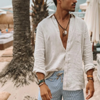 Men's Long Sleeve Linen Shirt - Relaxed Fit, Breathable Casual Wear White