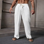 Men's Loose Fit Casual Trousers for Summer - Cotton Linen Blend, Full Length, Drawstring | White