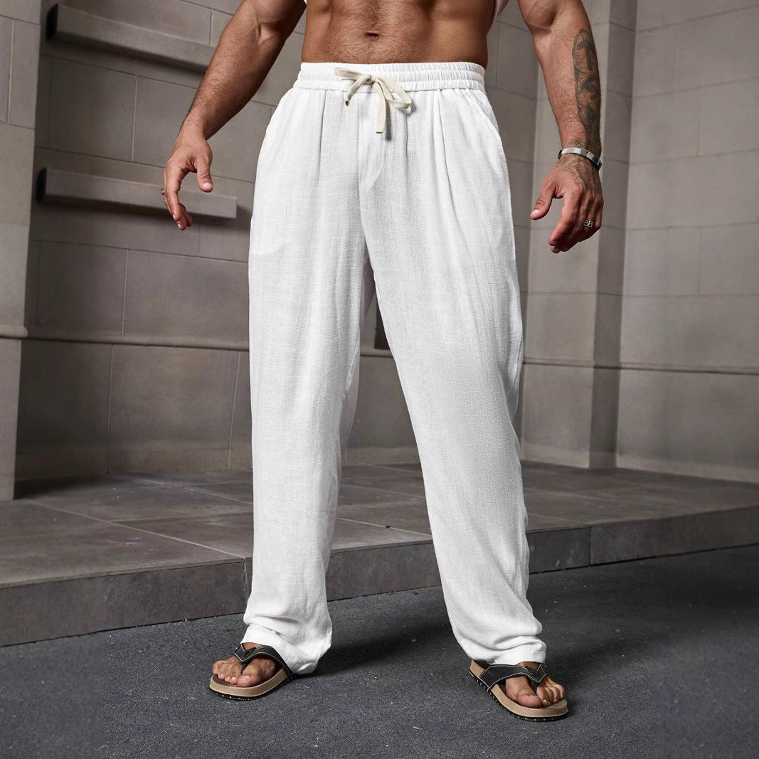 Men's Loose Fit Casual Trousers for Summer - Cotton Linen Blend, Full Length, Drawstring | White
