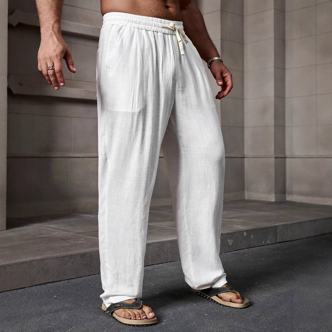 Men's Loose Fit Casual Trousers for Summer - Cotton Linen Blend, Full Length, Drawstring | White