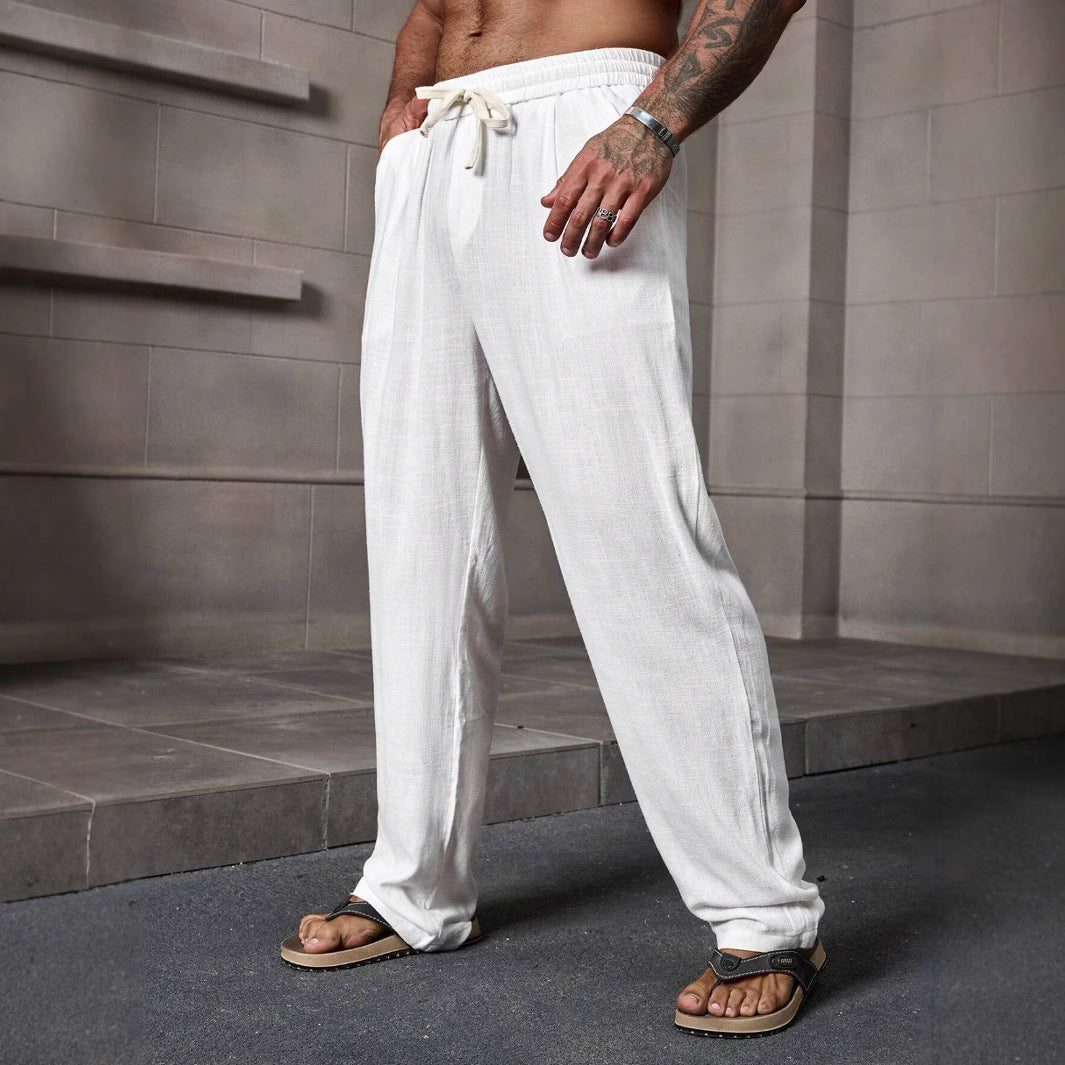 Men's Loose Fit Casual Trousers for Summer - Cotton Linen Blend, Full Length, Drawstring | White
