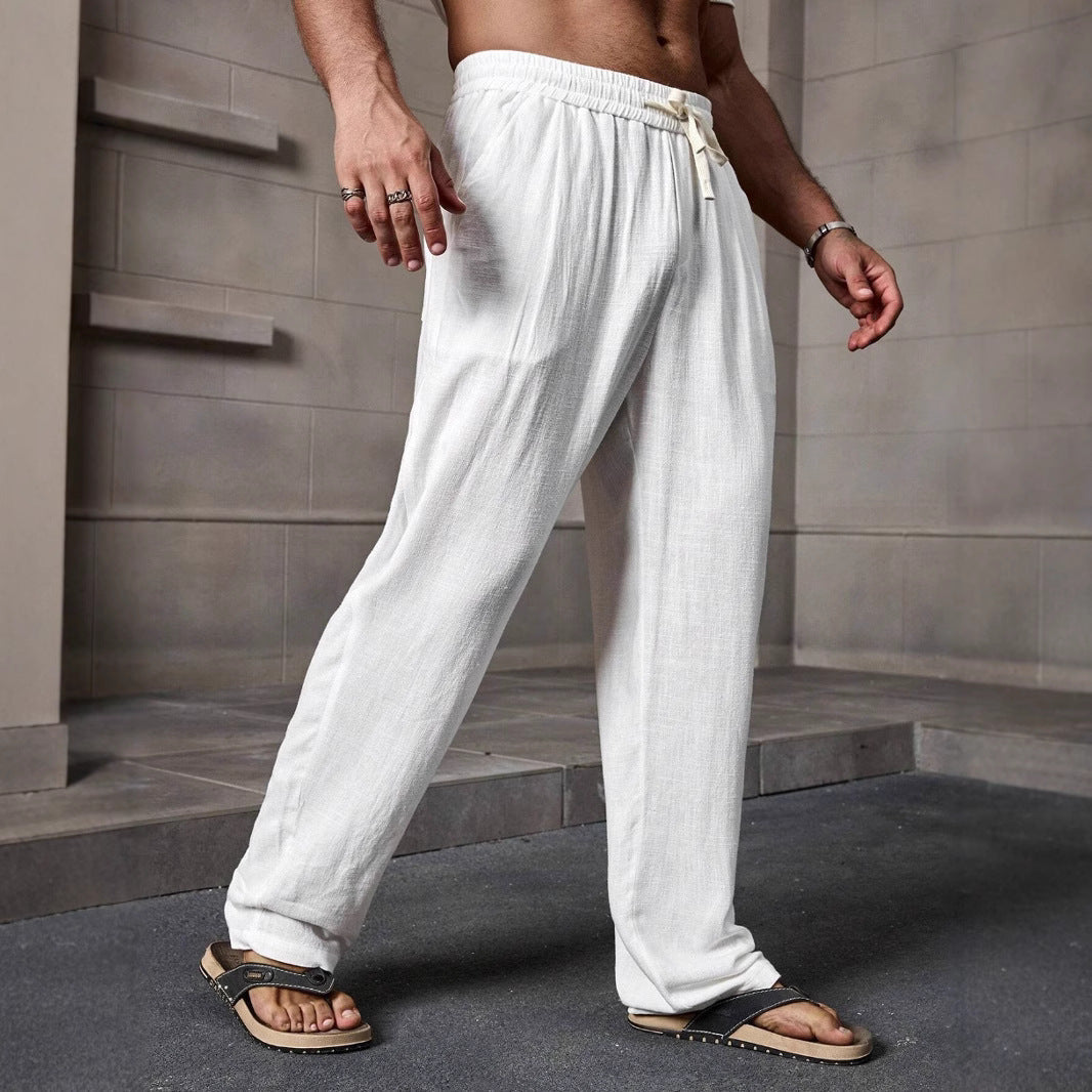 Men's Loose Fit Casual Trousers for Summer - Cotton Linen Blend, Full Length, Drawstring | White