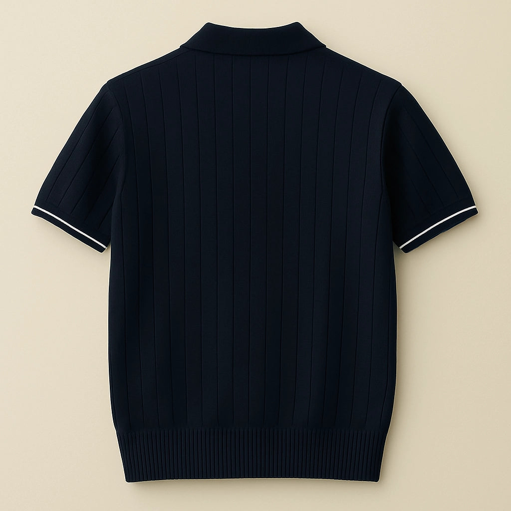 Men's Luxury Knit Zip Polo Shirt - Vintage Old Money Aesthetic, Ribbed Cotton, Elegant Summer Smart Casual Top