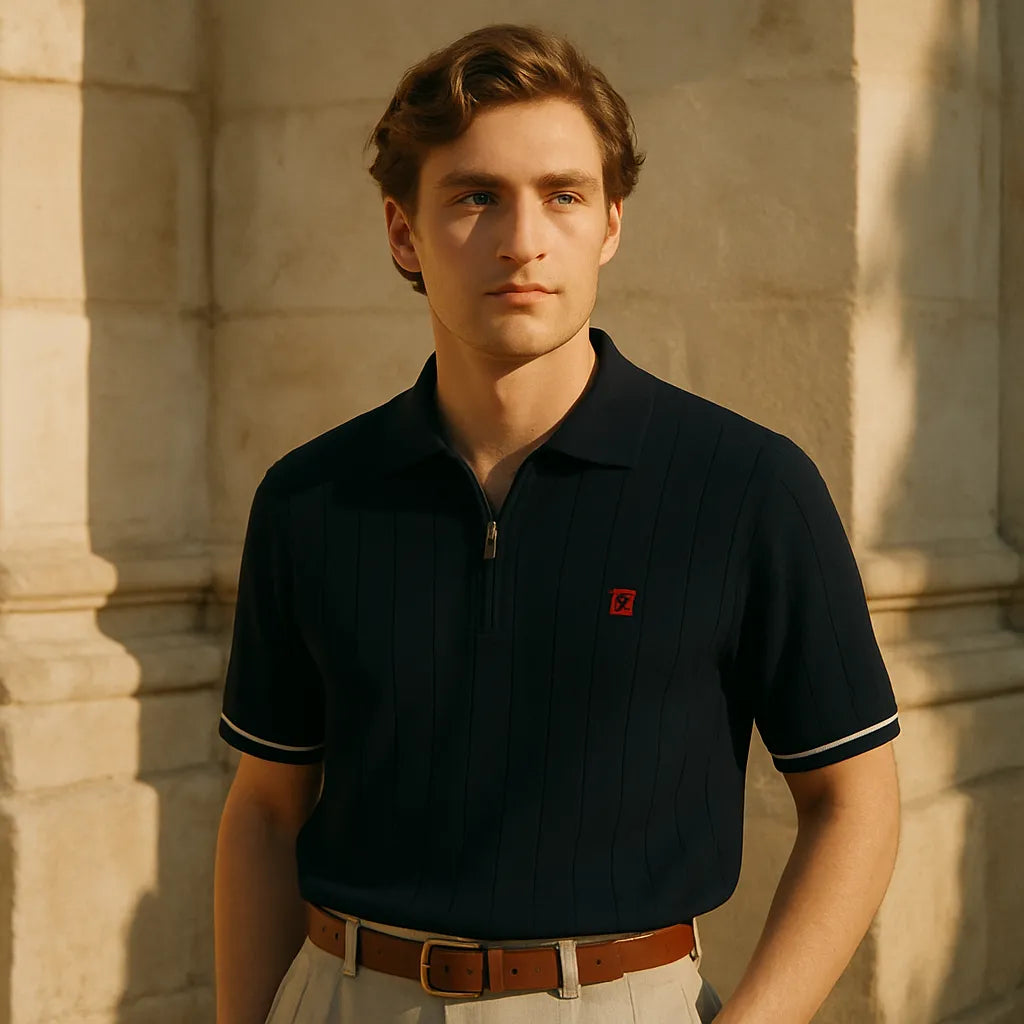 Men's Luxury Knit Zip Polo Shirt - Vintage Old Money Aesthetic, Ribbed Cotton, Elegant Summer Smart Casual Top