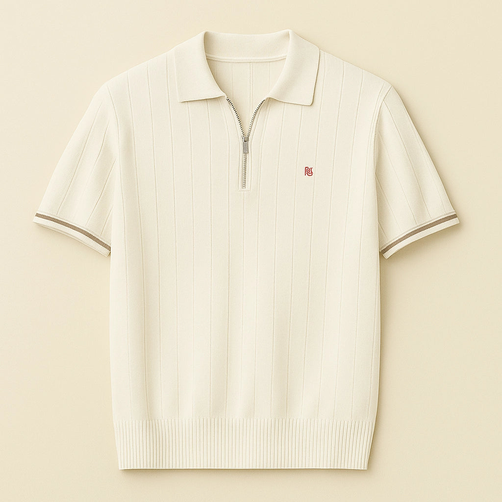 Men's Luxury Knit Zip Polo Shirt - Vintage Old Money Aesthetic, Ribbed Cotton, Elegant Summer Smart Casual Top White