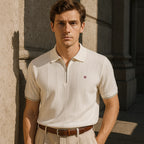 Men's Luxury Knit Zip Polo Shirt - Vintage Old Money Aesthetic, Ribbed Cotton, Elegant Summer Smart Casual Top